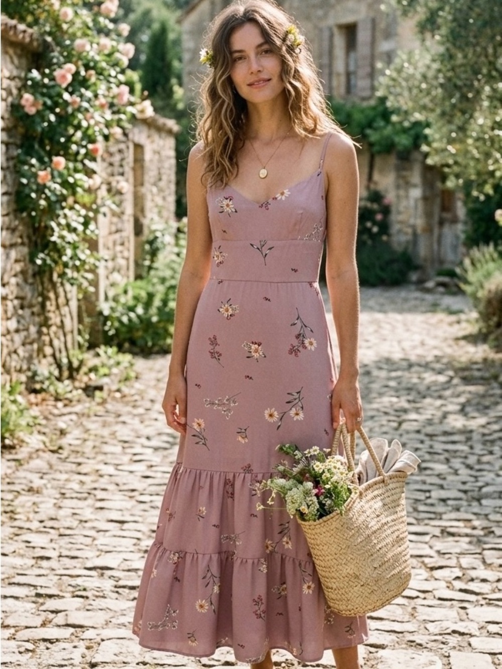 Altar'd State Mauve Pink Floral Tiered Maxi Dress - Picture 1 of 12